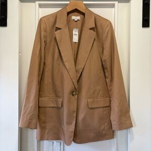 LOFT Tan Long Straight Fit Classic Blazer Linen Tencel Blend Size 2
